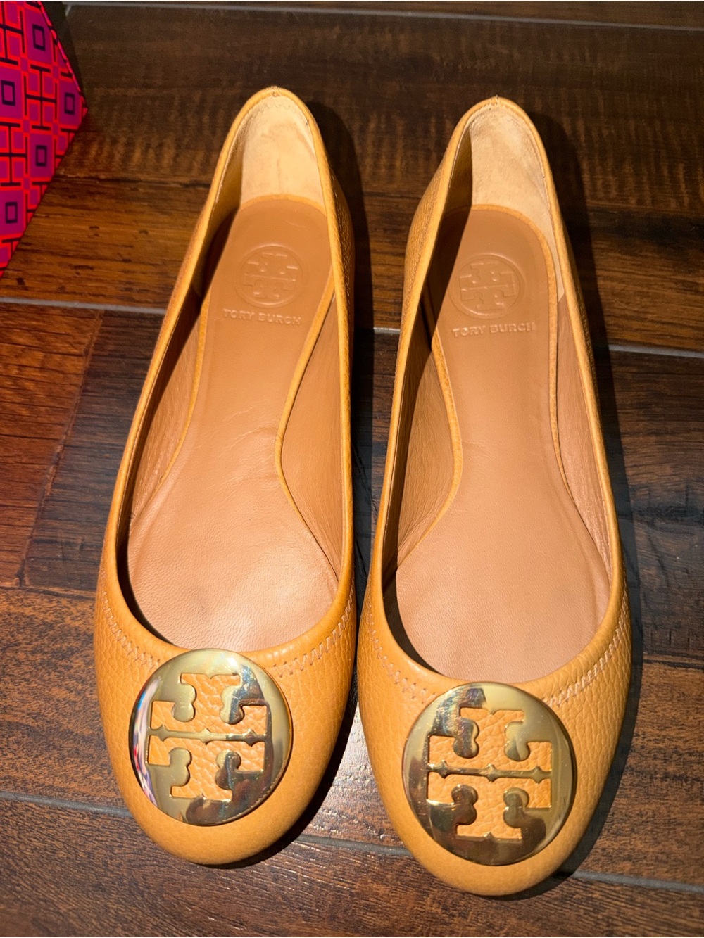 Tory Burch Caramel Leather Logo Ballet Flats